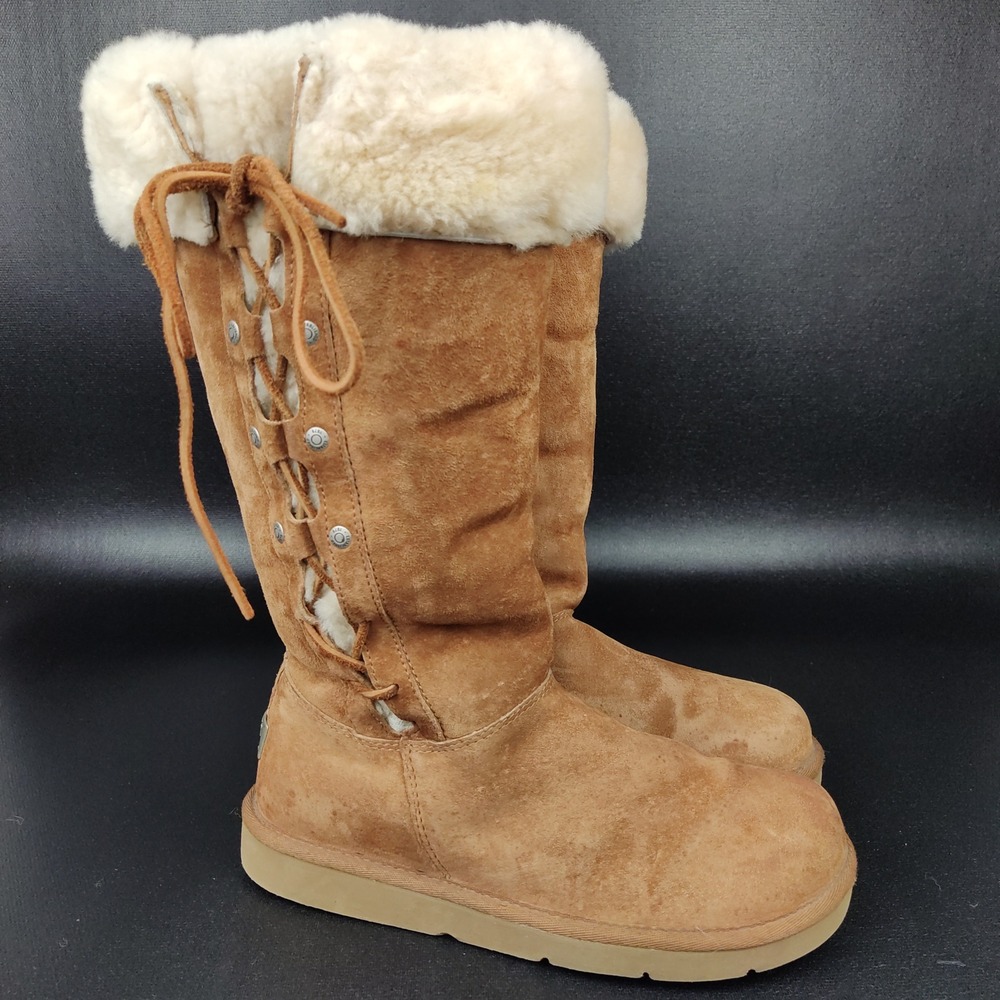 UGG Boots Womens 8 Chestnut Sunburst Tall 5163 Lace Up Shearling Suede Winter